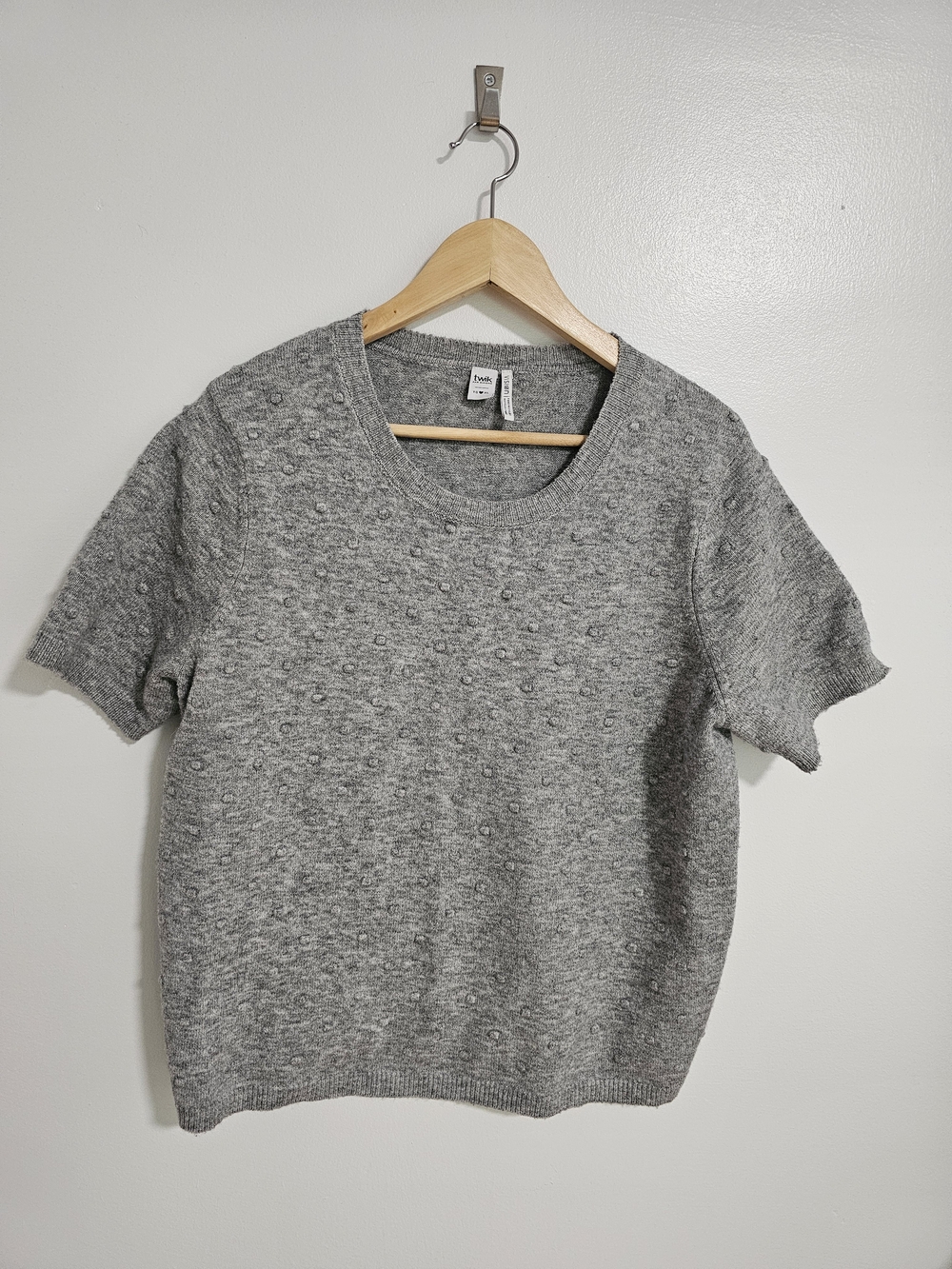 twik Textured Polka Dots Wool Blend Knit Crewneck Sweater Short Sleeves Gray XL